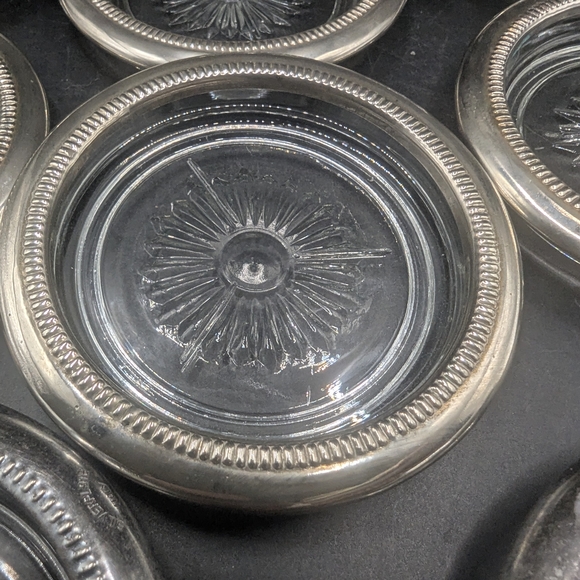 Set of 9 Glass Coasters with Silverplate Trim - Picture 5 of 7